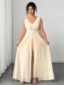 Elenzga Women's Plus Size Elegant Cinched Waist Jumpsuit - Apricot - View 9