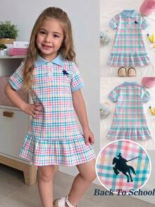 Emery Rose Kids 兒童小女孩度假休閒時尚短袖洋裝 粉色針織格紋領休閒洋裝 返校季 - 藍色 - 查看 2