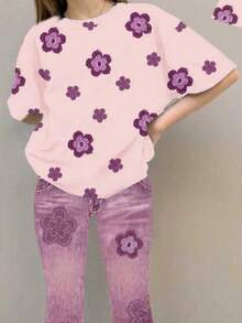 Vintage Floral Pattern Casual Loose Fit Short Sleeve Round Neck T-Shirt And Wide Leg Pants 2-Piece Set, Suitable For Spring & Summer - Multicolor - View 6
