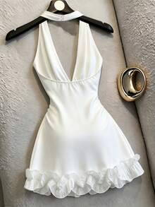 SHEIN Franclia French Sexy Cowl Neck Backless Draped Neck Sleeveless Short Dress For Women - White - View 2