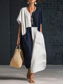 SHEIN LUNE CURVE 大码撞色V领连衣裙，带大口袋，适合度假、休闲、通勤等各种场合。 - 彩色 - 查看 1