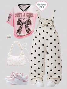 SHEIN Genkimix Kids 少女牛仔吊帶褲，四季新款，時尚甜美復古牛仔米色配黑色波點印花，胸前3D大蝴蝶結設計，時尚直筒寬鬆版型，柔軟舒適面料，百搭日常時尚風格，適合度假及其他場合，四季度假新款少女牛仔吊帶褲 - 白色 - 查看 3
