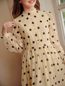 Anewsta Girls' Elegant Fashion Black Polka Dot Stand Collar Ruffle Puff Sleeve Long Sleeve Apricot Dress, Spring/Autumn Long Sleeve Dress. Suitable For Daily Wear. - Apricot - View 5