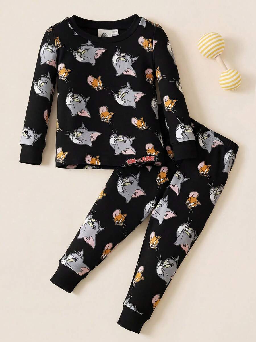 TOM & JERRY X SHEIN Baby Jungen Cartoon Muster Eng anliegende Langarm-Top und Hose Pyjama Set - Schwarz - Übersicht 1