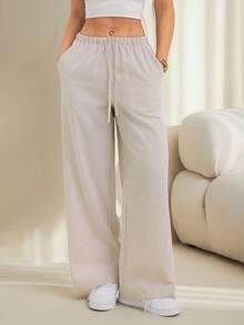 SHEIN PETITE 女款純色腰綁帶口袋長褲，舒適，適合春、夏、秋、冬 - 彩色 - 查看 2