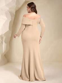 Coutiva Vestido de Noche Formal Plisado con Adornos de Strass Talla Grande (Estilo de Trabajo Pesado) - Albaricoque - Ver 2