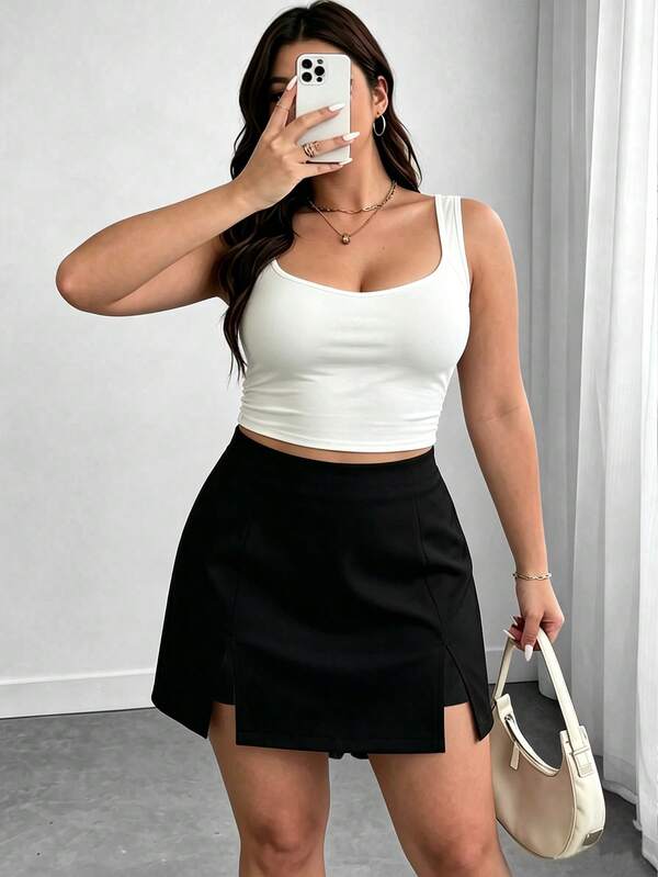Elenzga Falda corta de talla grande para mujer con forro y cremallera lateral, estilo versátil para uso diario casual, citas, trabajo y vacaciones