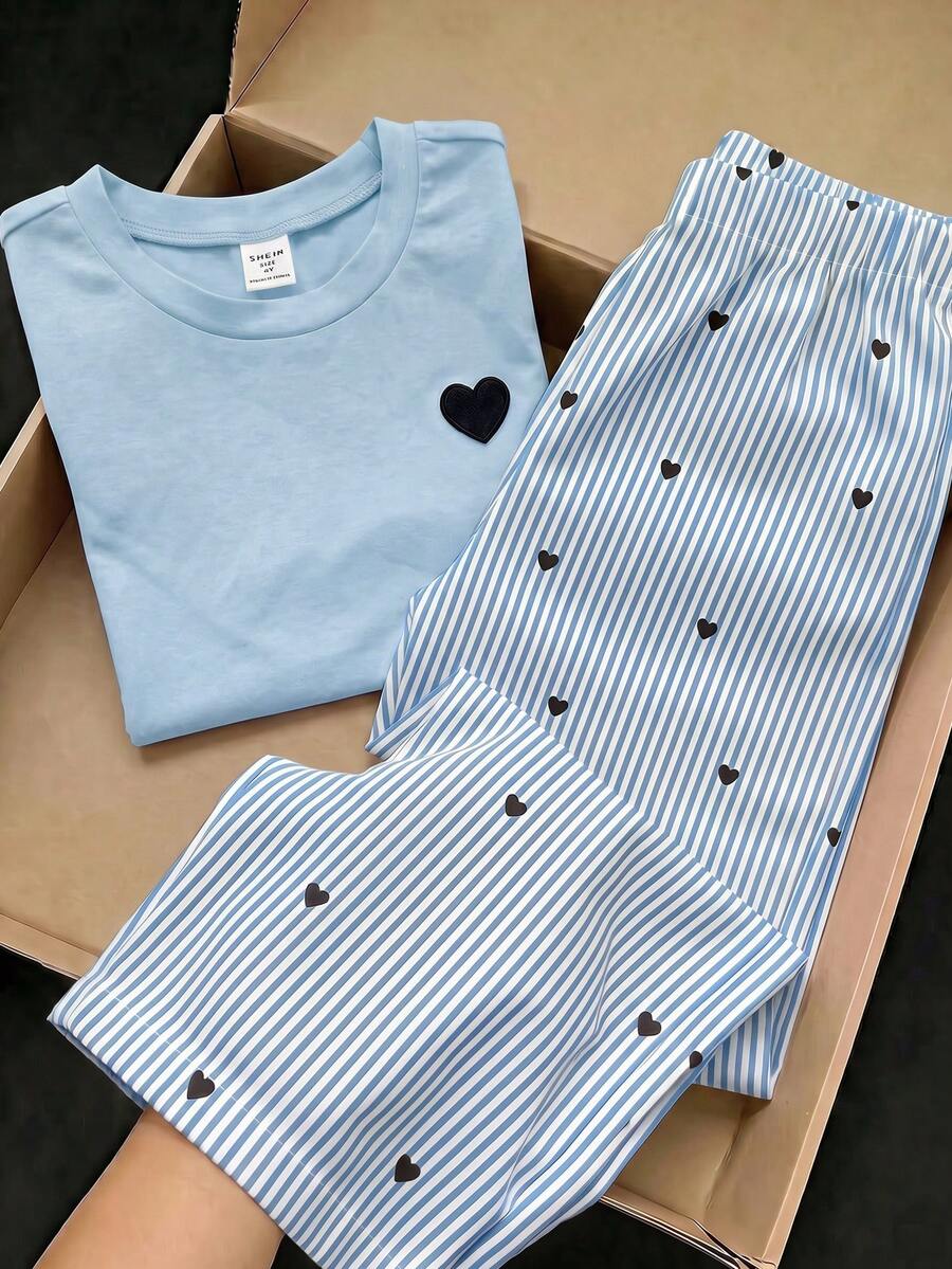 SHEIN Elladie kids 2件組基礎休閒懶人純色套裝,圓領短袖T恤搭配條紋布料直筒長褲,適合日常外出與多種場合,春夏四季兒童舒適日常夏日穿搭 - 藍色 - 查看 1