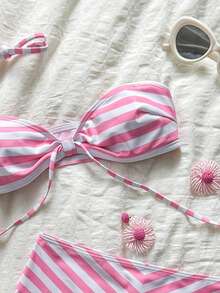 SHEIN Swim 女款夏季度假套裝 母親節粉色與白色條紋性感海灘派對度假比基尼兩件套 - 粉色 - 查看 6