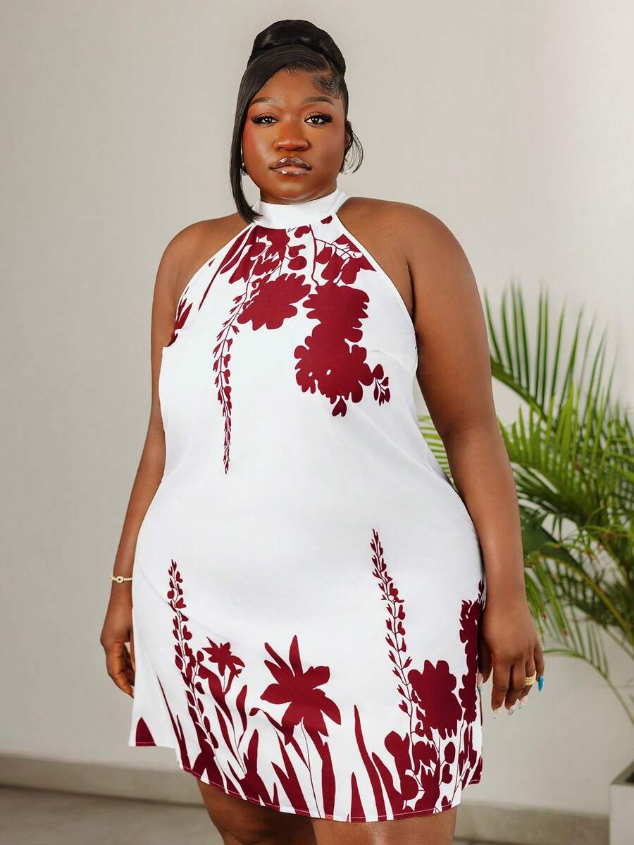 CurvyTilda Casual Floral Pattern Halter Neck Loose Short Plus Size Dress, Suitable For Summer Chic Dress Elegant Vacation - Rose Red - View 1