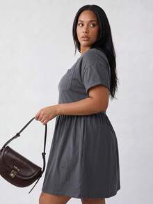 Solavibe Plus Size Women's Solid Color Round Neck Short Sleeve Pocket Design Casual Dressy Dress Dinner Formal Home Wear Date Night Grey Summer - Grey - View 2