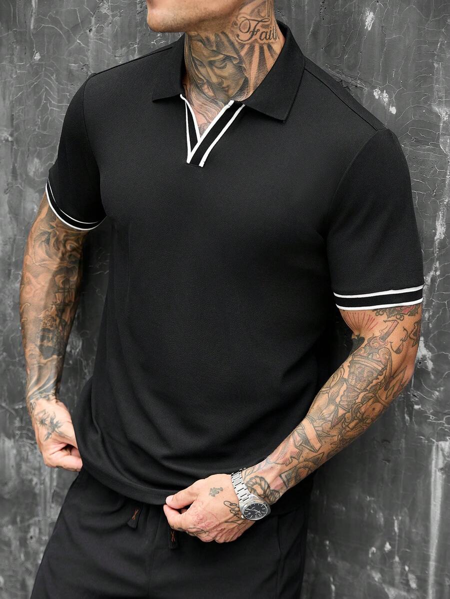 SLATEMANN Men's Colorblock Casual Daily Short Sleeve Polo Shirt - Black - View 1
