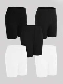 5pcs/Set Girls' Black Solid Color Minimalist Comfortable Tight Shorts/Leggings - Multicolor - View 4