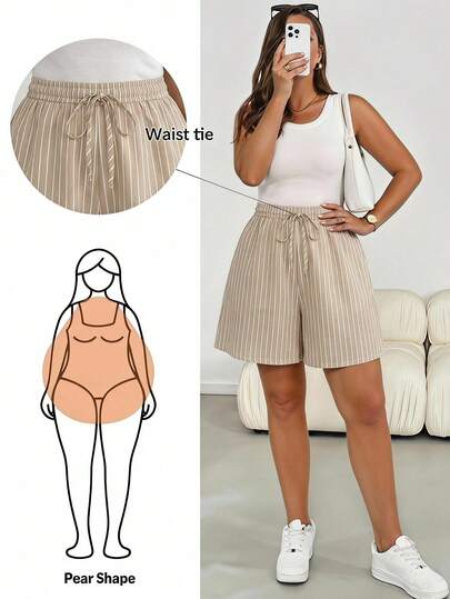 SHEIN Essnce Shorts casuales de uso diario con cintura de cordón para mujer talla grande a rayas