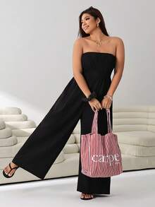 SHEIN Tall CURVE 大尺碼女款純色露背寬腿連身褲 夏季正式度假休閒傳統黑色 - 黑色 - 查看 5