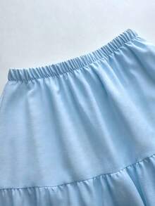 SHEIN Clasi Women's 2 Pieces Set Light Blue Strapless Back Tie Bustier Top Ruffle Trim Elastic Waist Layered Skirt Tropical Boho Beach Vacation Summer Outfit - Blue - View 7