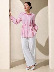 Graceveil Women's Pink Waist Tie Spring/Summer Fashion Versatile Commuter Style Blouse - Pink - View 4