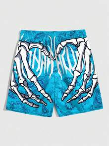 ROMWE MEN Goth Men's Summer Casual Skull Hand & Paisley Print Shorts - Multicolor - View 1