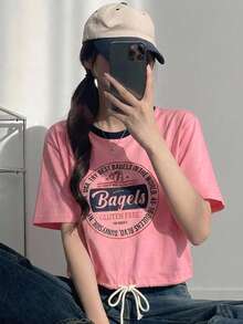 DAZY 女款拼接撞色寬鬆印花腰綁帶圖案T恤，淺粉色，夏季休閒街頭風，適合校園旅行、日常穿著 - 粉色 - 查看 6