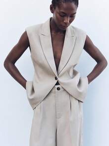 SHEIN Conjunto de 2 piezas para mujer, blazer sin mangas ajustado con hombros acolchados y cintura ceñida, pantalones de pierna recta, moda de oficina para el Día del Maestro, beige, verano - Caqui - Ver 2