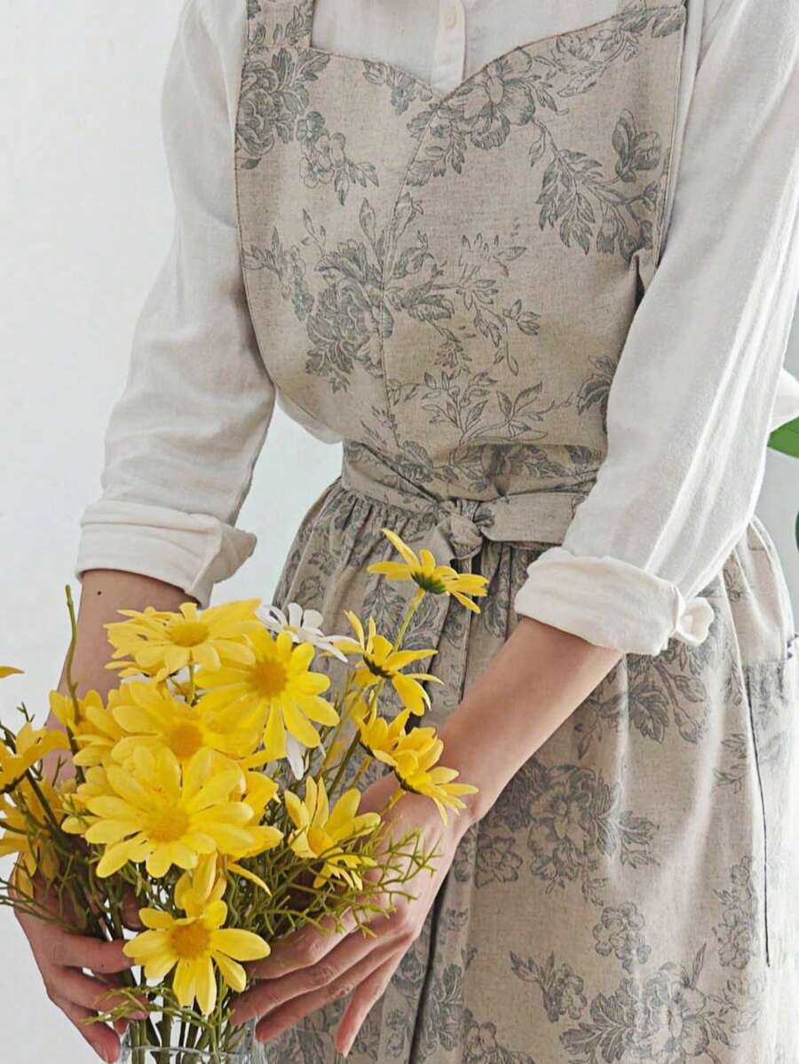 Haus Hana 女士优雅韩式花朵围裙,防水棉麻围裙,日韩风无袖厨房围裙,腰带设计,烹饪工作服,适合园艺、插花和清洁工作 - 可调节肩带,后背系带工作服,花卉面料,学校、个人使用 - 教师、护理人员、爱好者的理想之选 - 彩色 - 查看 1