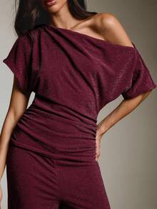 COSMINA Women's Solid Color Asymmetric Shoulder Pleated Top And Pants Casual Daily Set - Burgundy - View 5