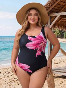SHEIN CURVE+ 2026 Plus Size Floral Print One-Piece Swimsuit For Beach & Resort - Pink - View 6
