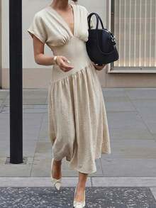 Siren Gaze Short Sleeve Deep V-Neck Pleated Dress, Summer Casual Minimalist Tropical Style, Suitable For Daily Vacation Gatherings, Wedding Guest, Elegant Beige - Apricot - View 7