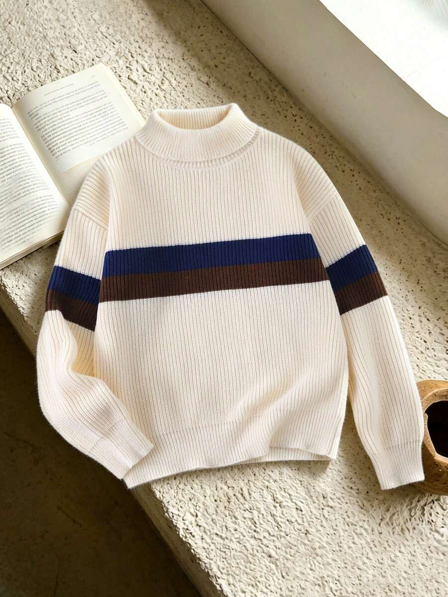 Tween Boys Sweater Crew Neck White Blue Brown Striped Casual Versatile Autumn Winter Essential Base Layer,Back To School Clothes,Long Sleeve - Multicolor - View 1