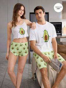 CoupledUp Set Piyama Pria Lengan Pendek Motif Kartun Alpukat Lucu - Hijau - View 1