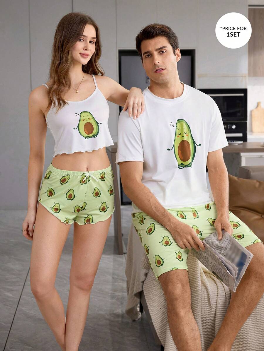 CoupledUp Set Piyama Pria Lengan Pendek Motif Kartun Alpukat Lucu - Hijau - View 1