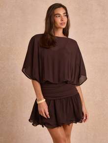 Enchnt Premium Pre-Fall Romantic Women's Elegant Brown Slimming Batwing Sleeve Ruffle Short Dress,Casual Dress,Work Outfits,Women's Formal Wear,Office - Brown - View 7