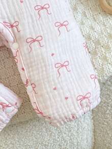 SHEIN Playful Pals Newborn Baby Girl Pink Heart & Bow Pattern Round Neck Long Sleeve Romper - Pink - View 8