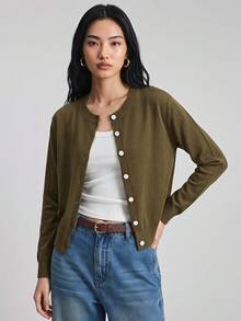 Ontre 女款羊毛混紡前開襟貝殼鈕扣裝飾長袖針織開襟衫，都市通勤商務休閒上衣，辦公穿搭，優雅適合派對與聚會 - 綠色 - 查看 2