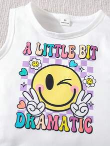 SHEIN Elladie kids 女童字母卡通臉印花背心上衣與雷射壓褶裙套裝 白色夏季款 - 彩色 - 查看 3