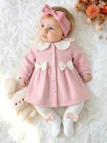 SHEIN Newborn Baby Girls Petal Collar Dress Cute Sweet Pink Bow Decor Pearl Buttons Long Sleeve Round Neck Thick First Birthday Fall Cozy Princess Solid - Pink - View 2