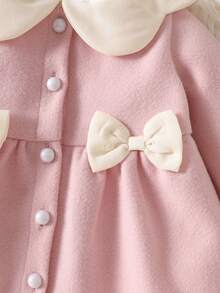 SHEIN Newborn Baby Girls Petal Collar Dress Cute Sweet Pink Bow Decor Pearl Buttons Long Sleeve Round Neck Thick First Birthday Fall Cozy Princess Solid - Pink - View 7