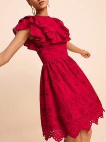 LOTSLUV Women's Summer Casual Romantic Elegant Commute Garden Date Night Out Brunch Party Red Floral Checke Fabric Embroide Hollow Ruffle Dress Wedding - Redwood - View 6