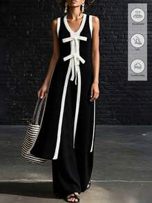 SHEIN Women's Bow Decor Sleeveless Knit Cardigan And Knit Pants Casual 2 Pieces Set - Black and White - View 1