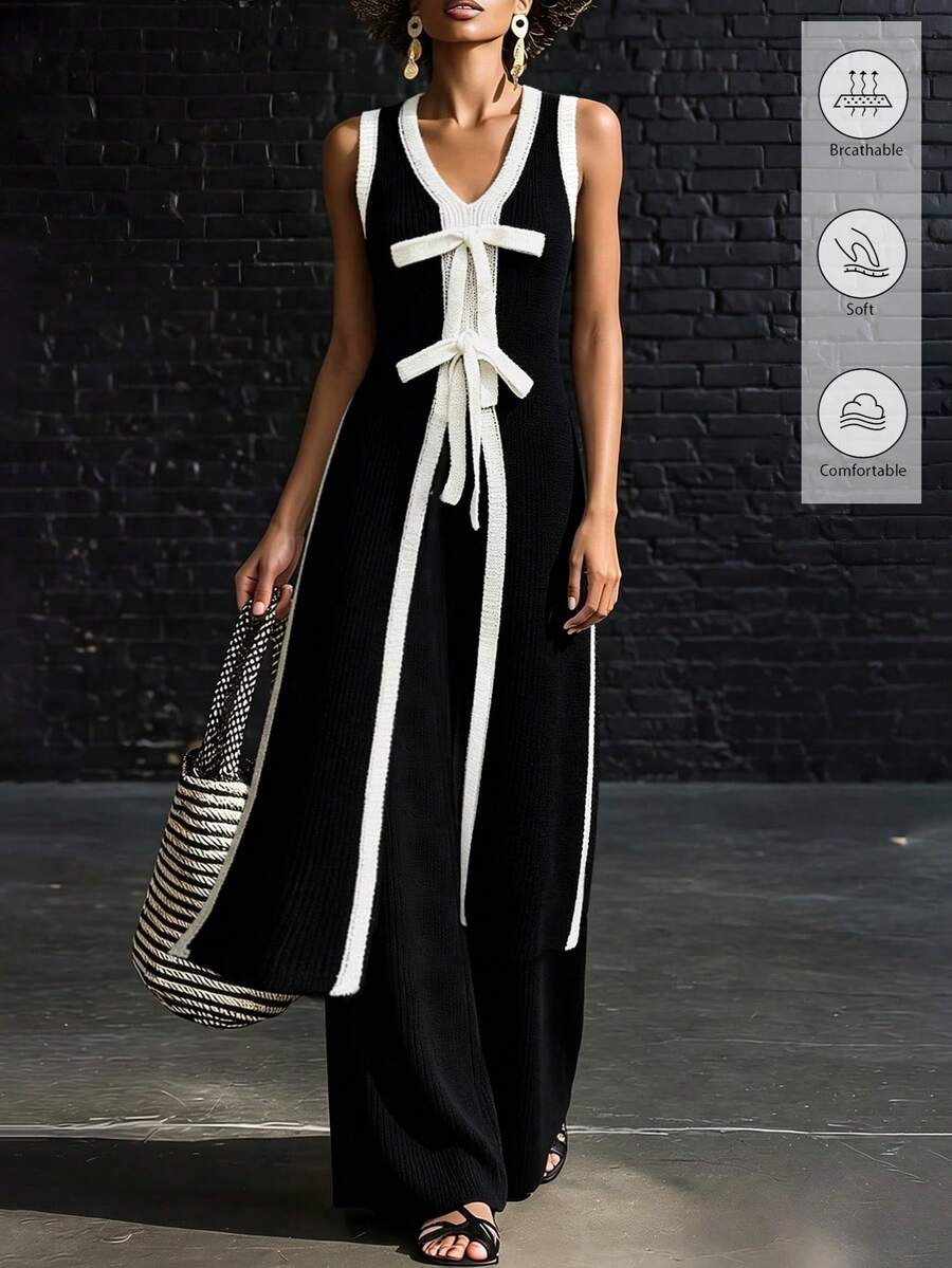 SHEIN Women's Bow Decor Sleeveless Knit Cardigan And Knit Pants Casual 2 Pieces Set - Black and White - View 1