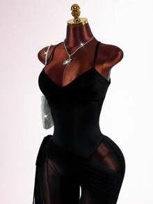 Amplova Women's Triangle Cup Fine Strap Criss-Cross Adjustable Wrap-Around Tight Mesh Satin Jumpsuit - Black - View 5
