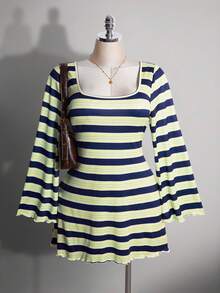 SHEIN ICON 女款大尺碼喇叭袖條紋洋裝 - 彩色 - 查看 4