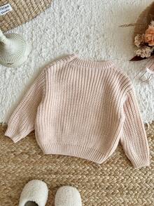 SHEIN Baby Girl Knit Solid Color Letter Pattern 3D Floral Casual Cute Baby Fairy Sweater Family Matching Photoshoot Pastel Pink Autumn - Beige - View 2