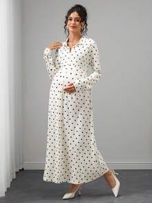 SHEIN Elegant Maternity Polka Dot Print Maternity Commuter Dress Autumn Photoshoot Baby Shower - Apricot - View 4