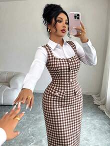 Elenzga Vintage Brown & White Plaid Square Neck Sleeveless Fitted Bodycon Elegant Midi Dress For Women - Multicolor - View 3