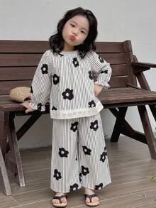 Dazy Kids 女童秋季圓領滿版印花無袖上衣＋長褲梭織春夏季兩件套 - 黑色 - 查看 5