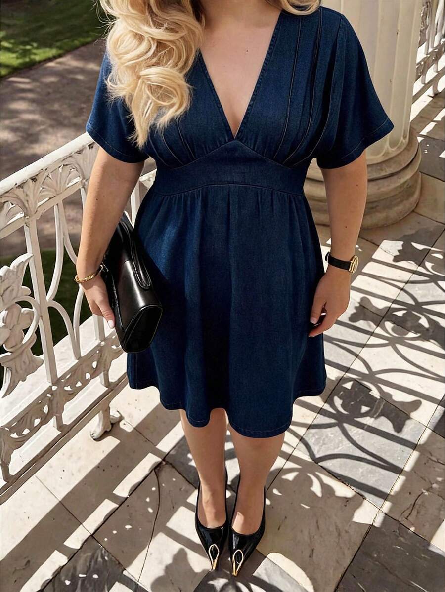 Dripcurv Plus Size Women Summer Solid Color Deep V-Neck Pleated Design Casual Elegant Dress Vacation Outfits Country Clothing Date Night Birthday Navy Blue