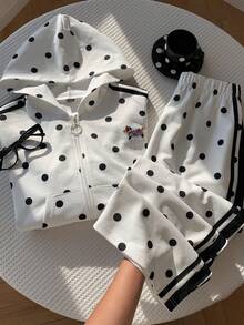 Comfortcana Women's Polka Dot Print Hoodie & Pants 2 Pieces Set - White - View 1