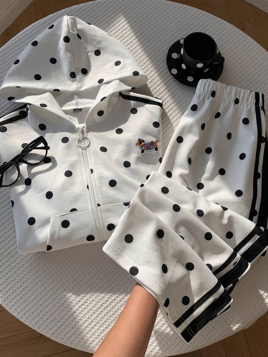 Comfortcana Women's Polka Dot Print Hoodie & Pants 2 Pieces Set - White - View 1