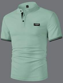 Manfinity Homme Camisa polo de mezclilla con rayas, bloques de color y medio cierre para hombre - verde menta - Ver 4